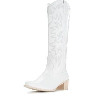Women's White Knee High Western Cowgirl Boots Snip Toe Side Zipper Chunky Heel